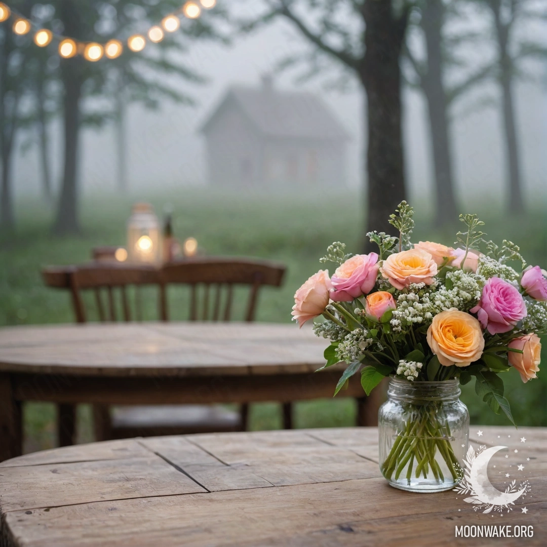 A rustic wooden table with a jar of flowers and bokeh in the background.