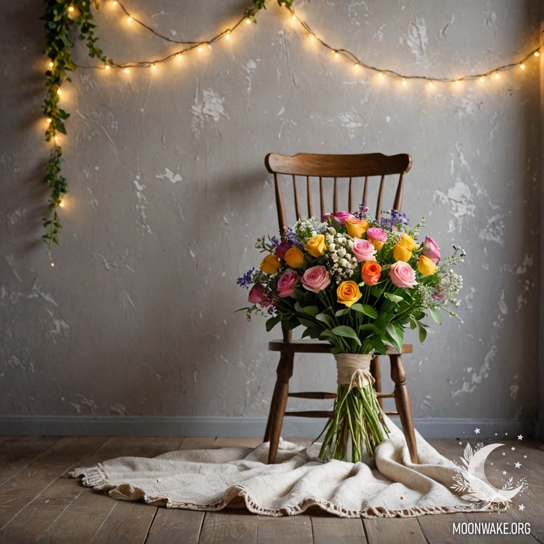 A cozy scene featuring a chair against a shabby wall, adorned with a blanket and a bouquet of flowers illuminated by garland lights.