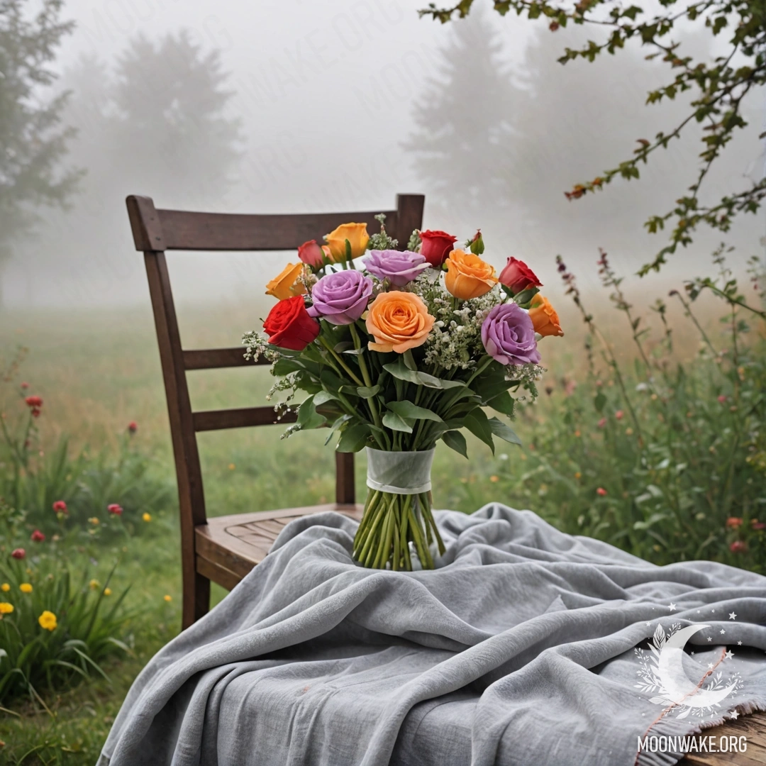 A peaceful scene featuring a chair against a shabby wall, adorned with a blanket and a bouquet of flowers, enveloped in dense fog.
