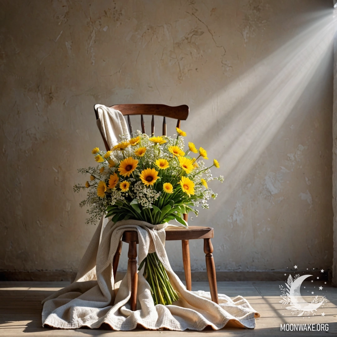 Serene Chair with Flowers A cozy chair with a blanket and a bouquet of flowers, against a shabby wall.
