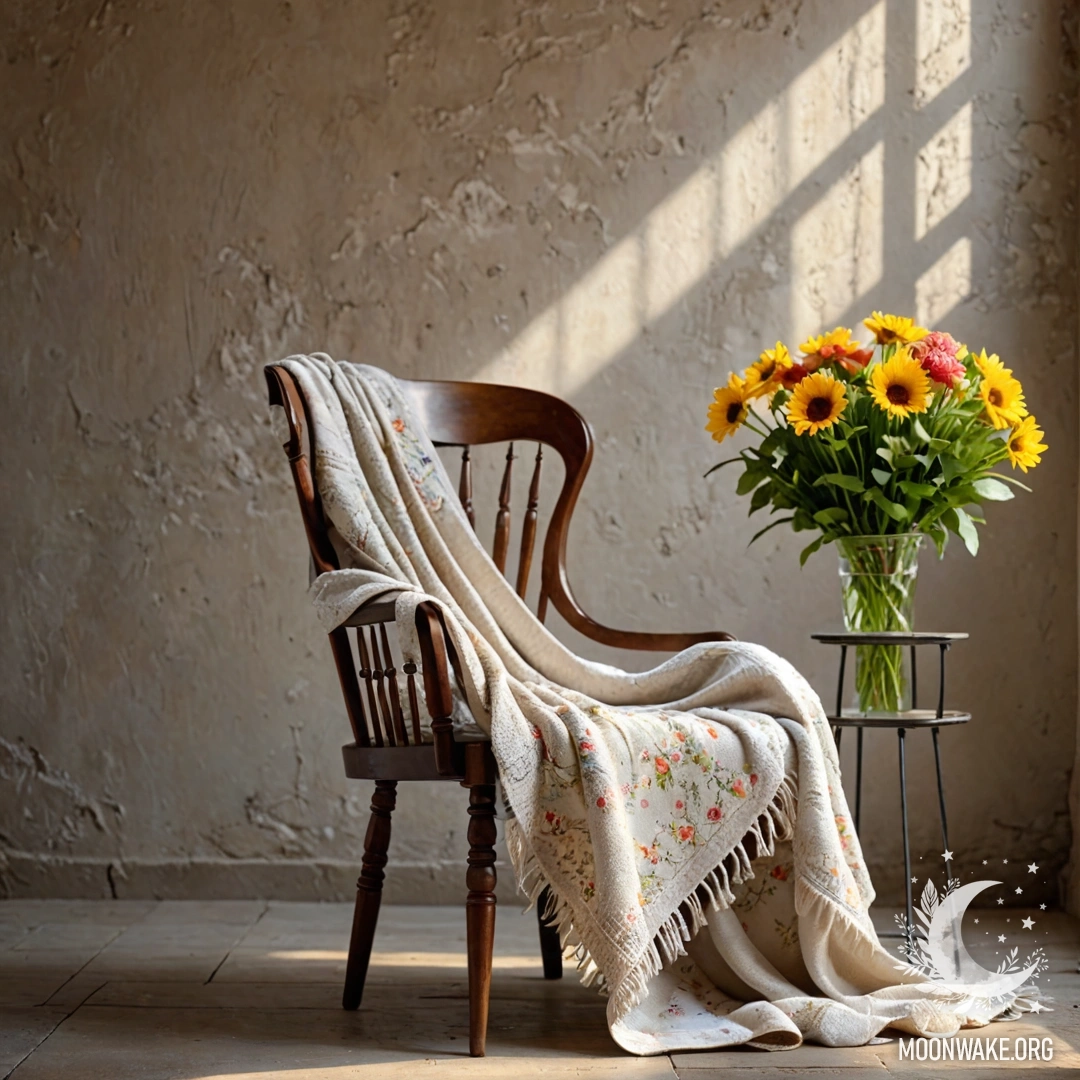Serene Chair with Flowers A serene image of a chair against a shabby wall, adorned with a cozy blanket and a bouquet of flowers illuminated by sun rays.