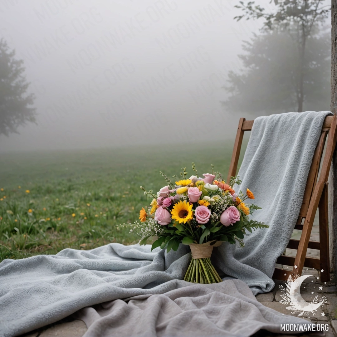 A cozy chair with a blanket and a bouquet of flowers on it in a misty setting.