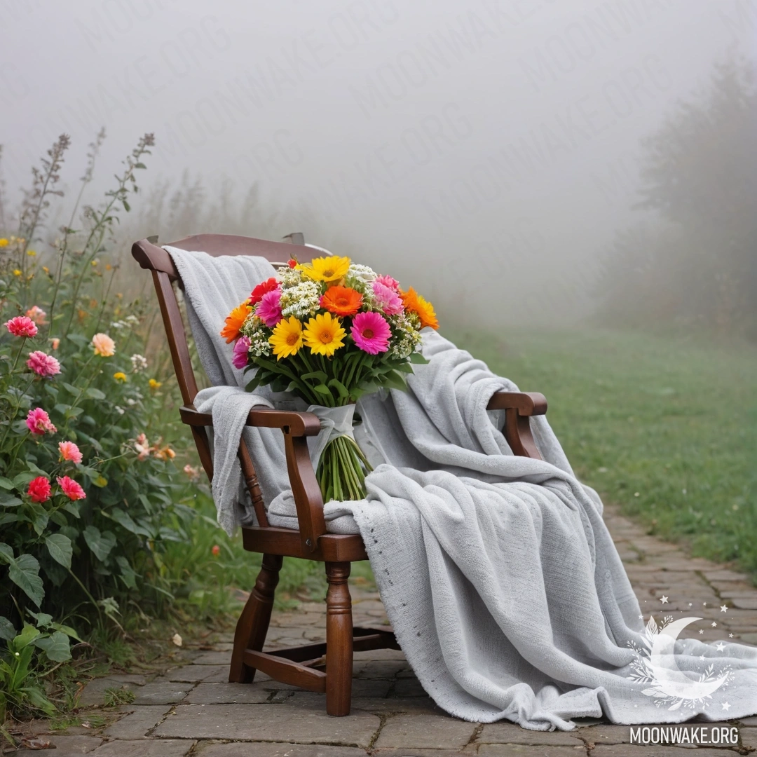 A chair positioned against a shabby wall, adorned with a blanket and a bouquet of flowers in heavy fog.