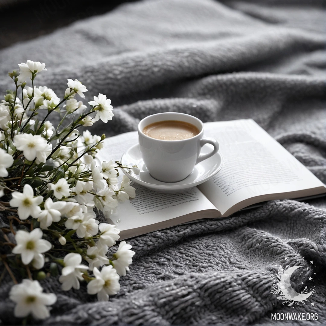 A close-up of a white chair with a gray knitted blanket, a book, a branch with white flowers, and a white cup of coffee on it, all under the rain.
