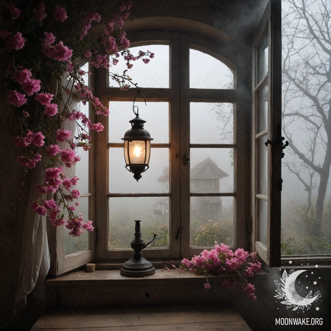 A chair against a shabby wall, with a blanket and a bouquet of flowers adorned with lights.