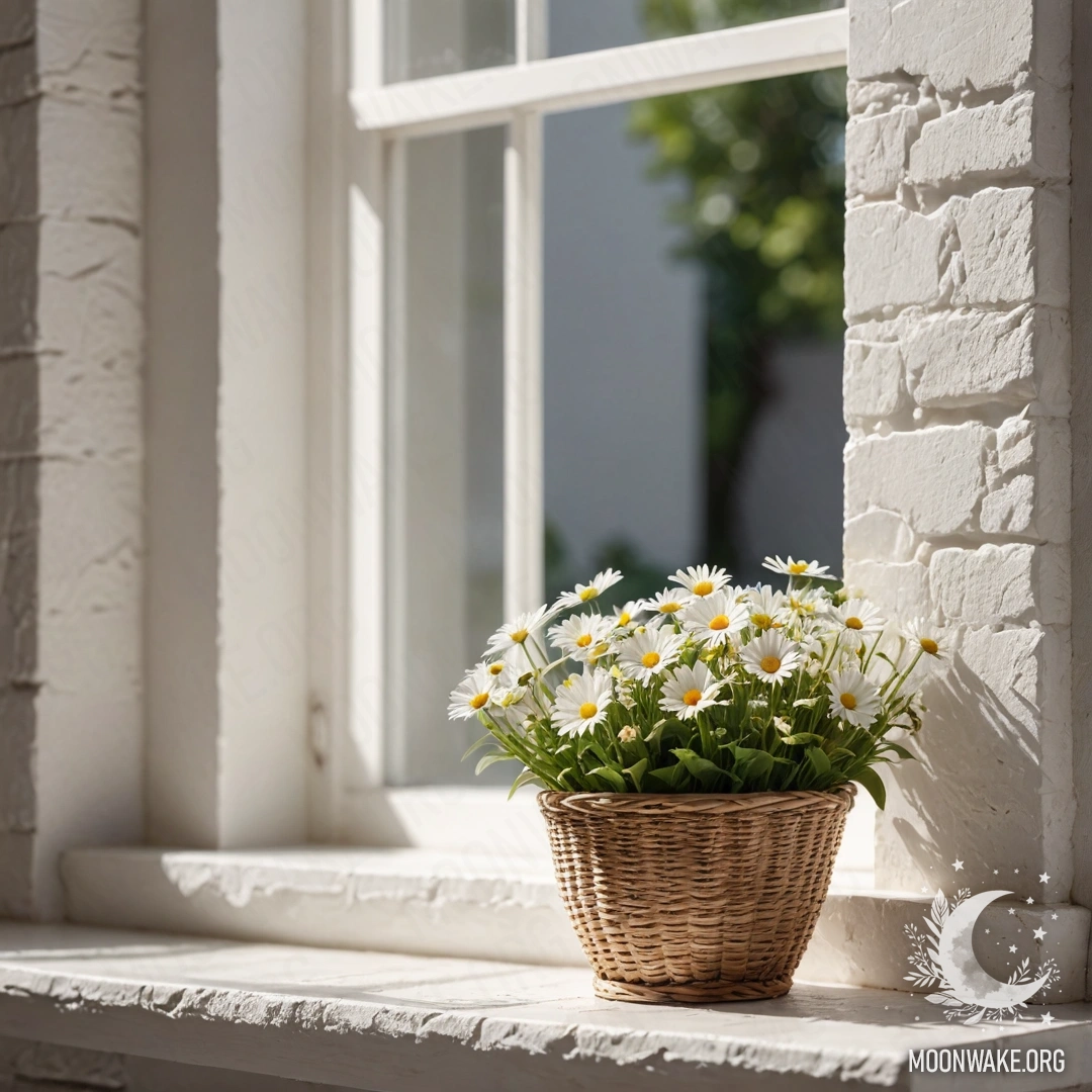A minimalist scene featuring a white stone wall, an open window, and a basket of daisies on the windowsill.