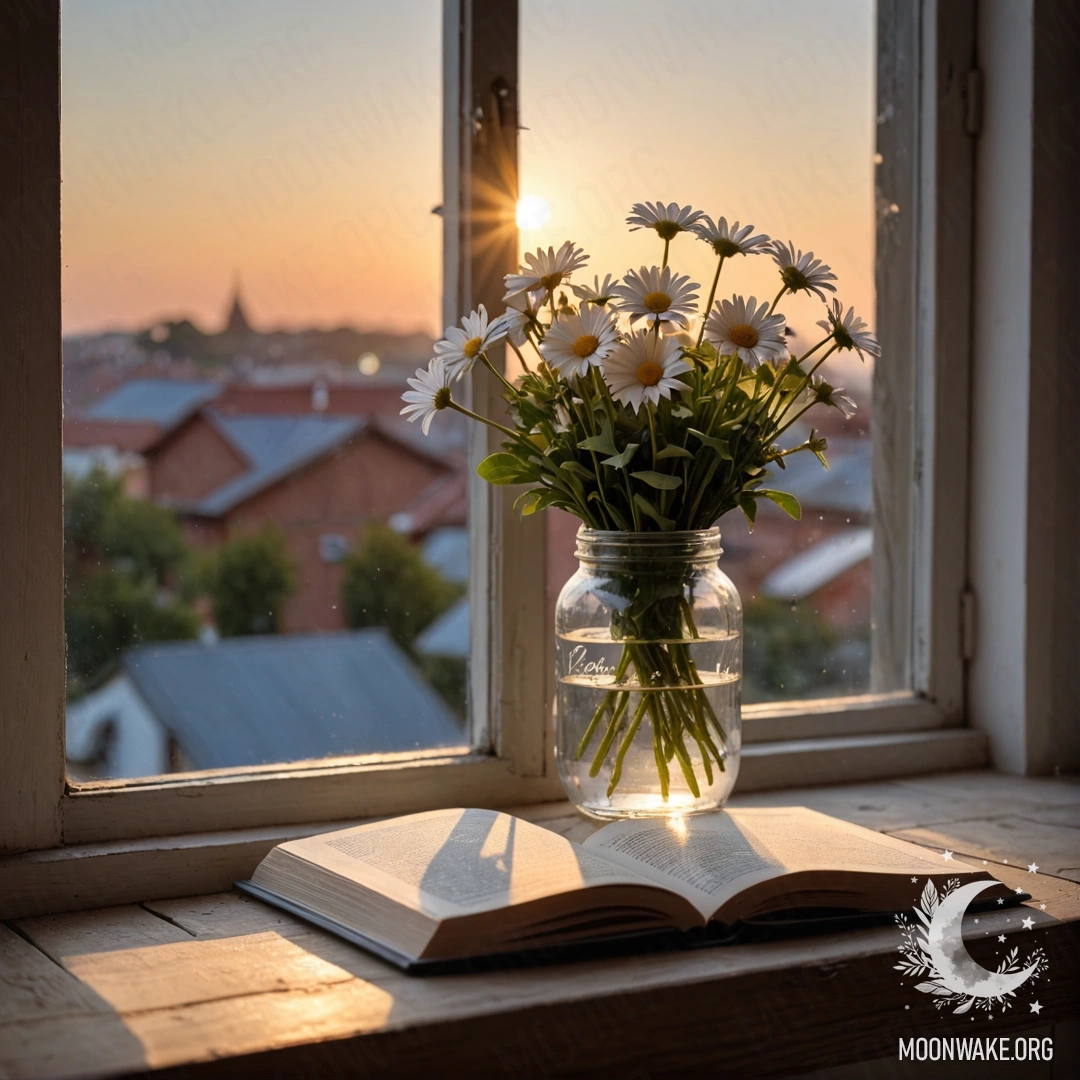 A shabby wooden windowsill with a jar of daisies and an open book.