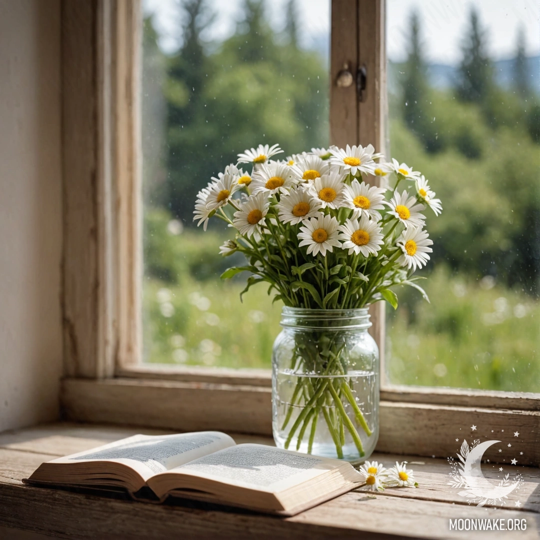 A shabby wooden windowsill with a jar of daisies and an open book with a lens.