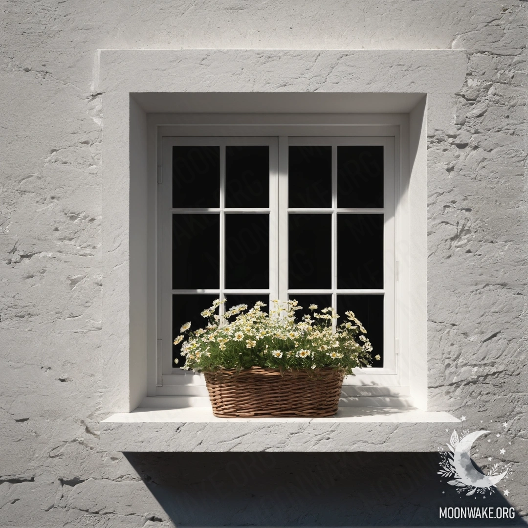 A minimalistic scene featuring a white stone wall and an open window with a basket of daisies on the windowsill at night.