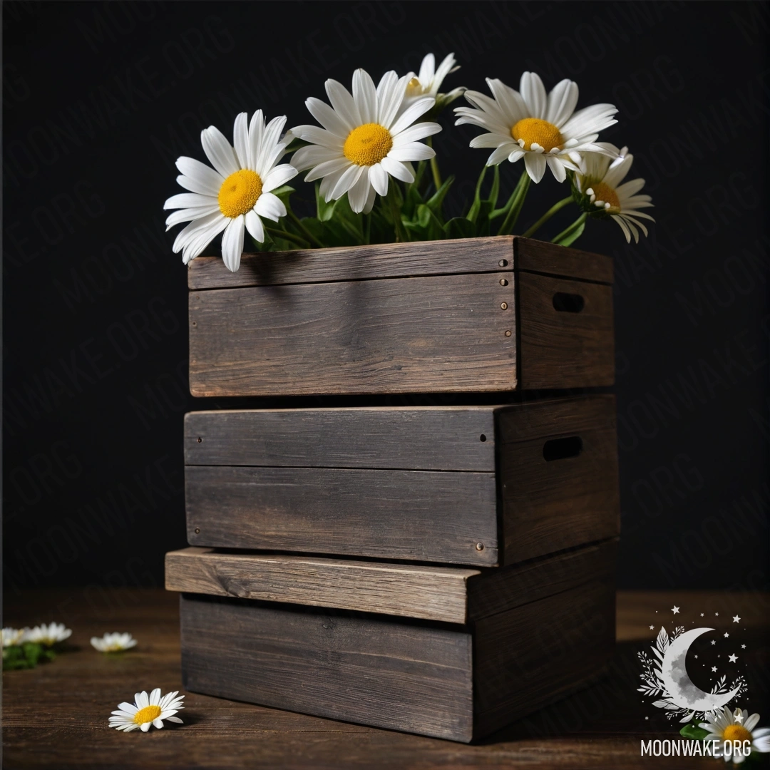 A stack of shabby wooden boxes adorned with daisies under a night sky.