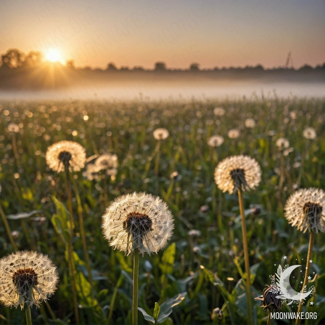 Close-up of dandelions in a peaceful field with a foggy sunset and bokeh effect.