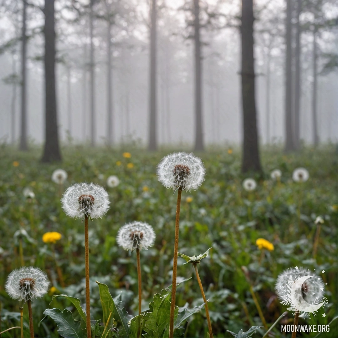 Close-up of dandelions in a foggy field with a blurred forest background.