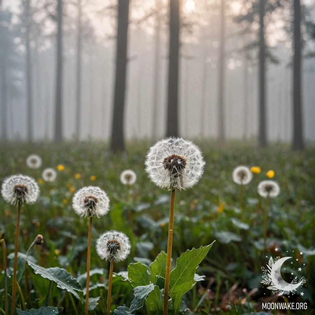 Serene Dandelion Field in Mist Close up of dandelions in a peaceful field with a bokeh forest in the background shrouded in heavy mist.