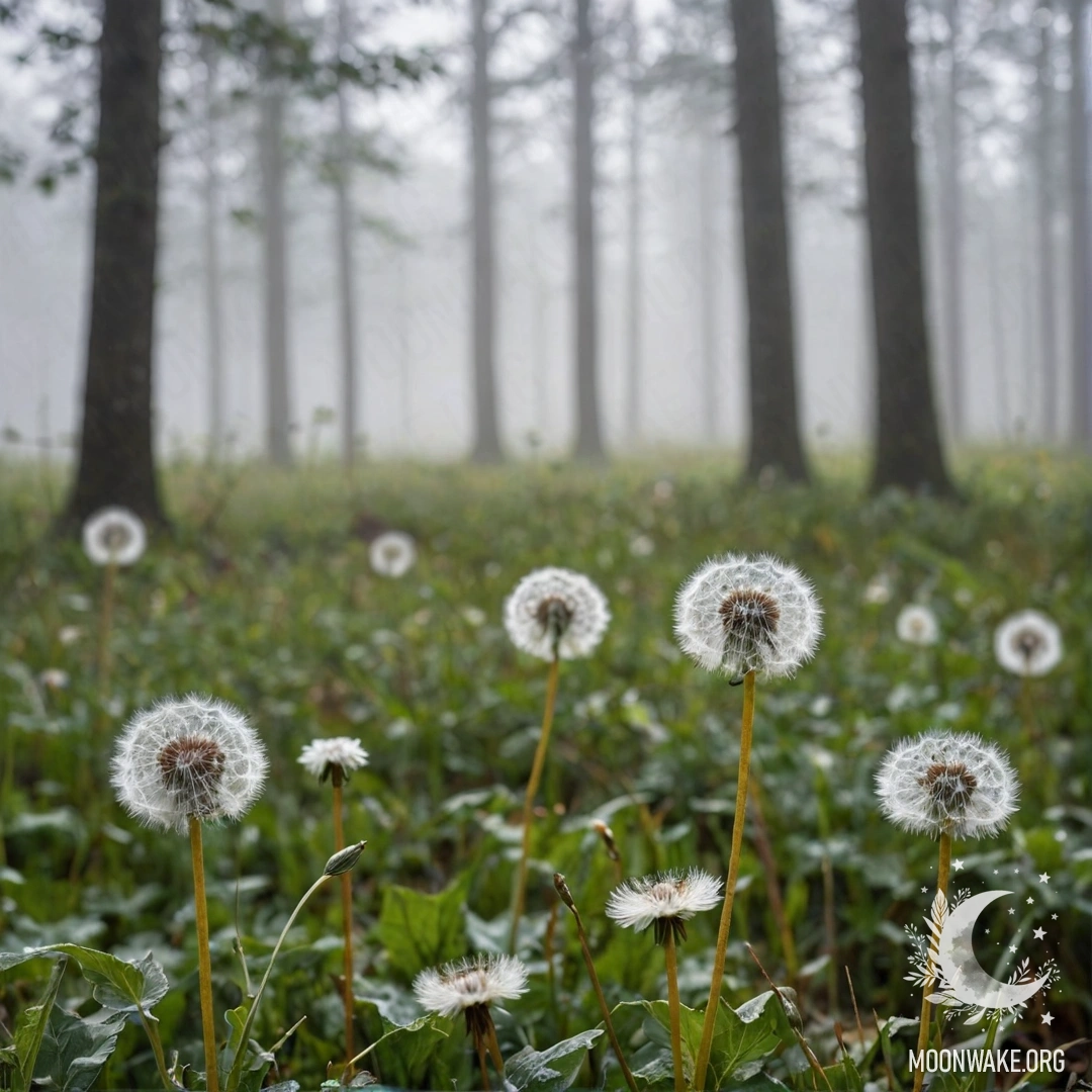 Serene Dandelion Field in Misty Forest Close-up of dandelions in a misty forest, with a soft bokeh in the background.