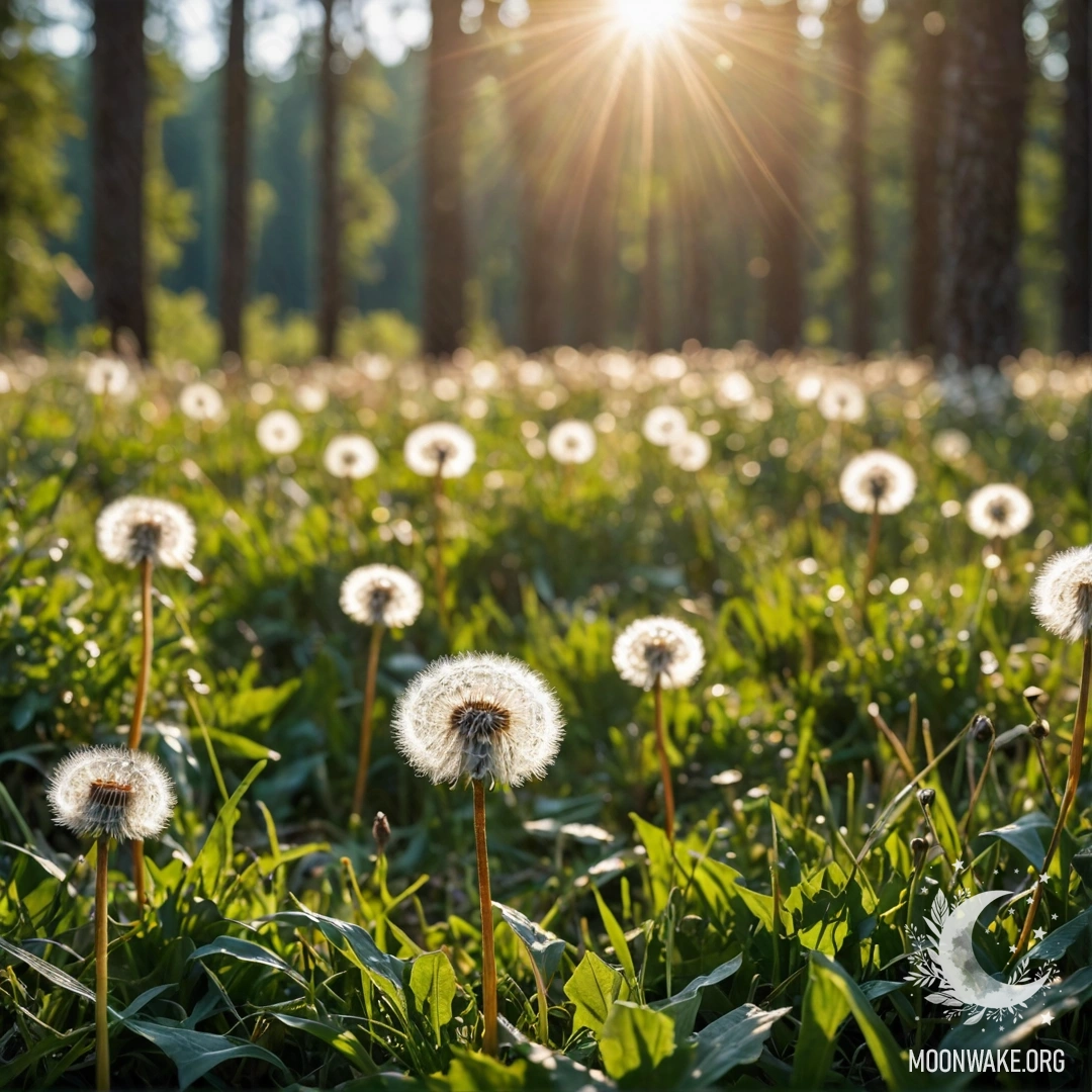 Close-up view of dandelions in a calm field with a blurred forest background.