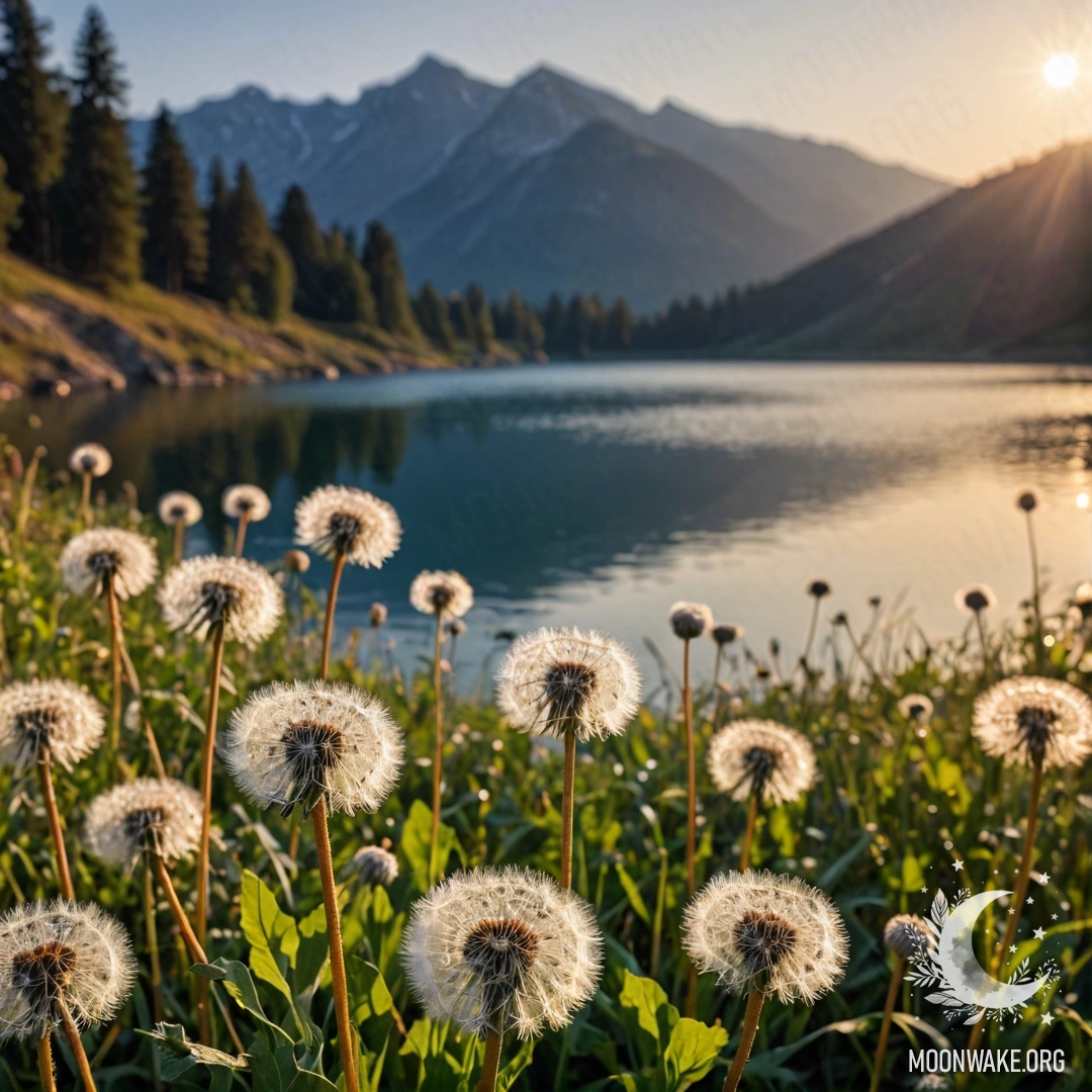 Serene Dandelions at Sunset A close-up view of dandelions in a peaceful field with a blurred mountain lake in the background during sunset.