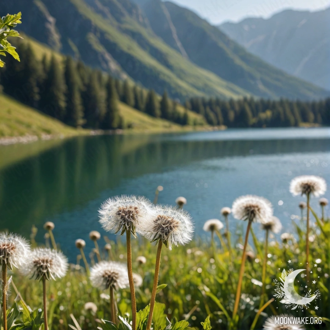 Serene Dandelions by Mountain Lake Close-up view of dandelions in a calm field with a blurred mountain lake backdrop.