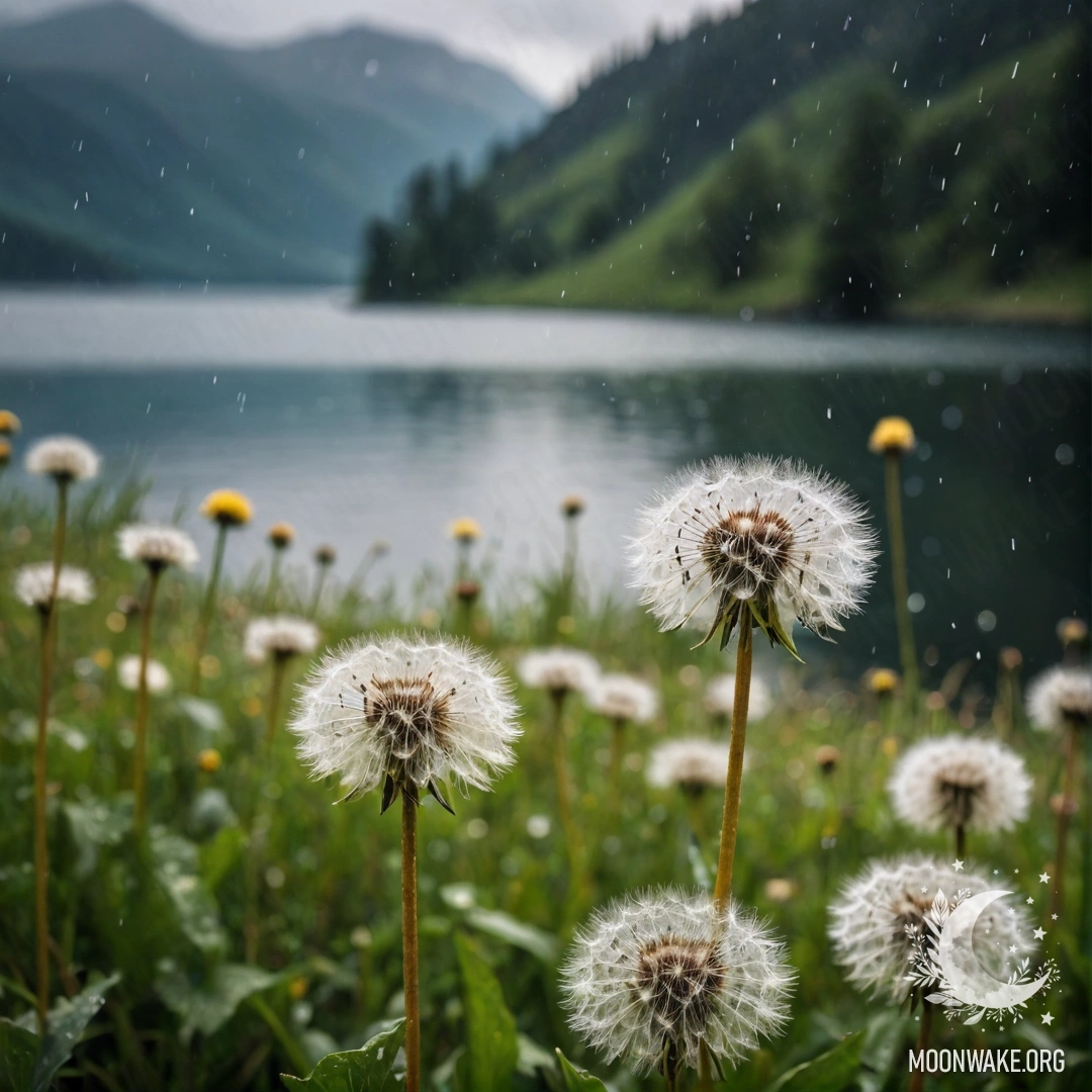 Serene Dandelions in a Rainy Mountain Landscape Close-up of dandelions in a peaceful field with a blurred mountain lake in the background, under rain.
