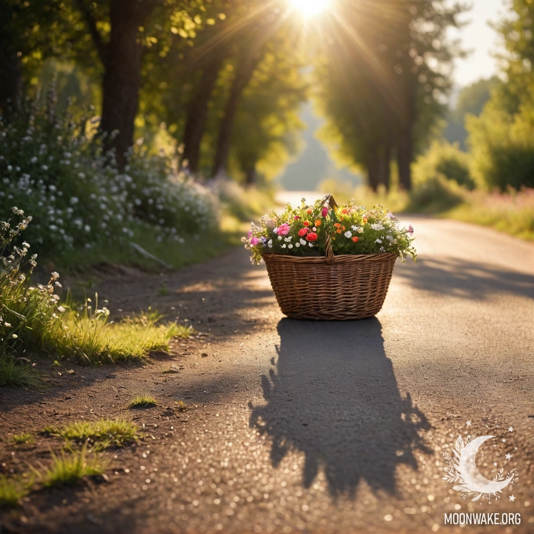 A dirt road with a basket of flowers, blurred trees and sunlight.