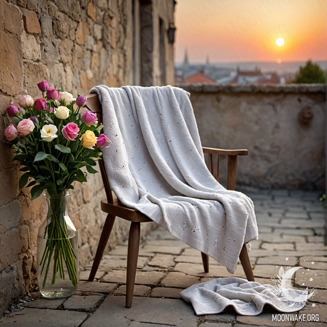 A chair against a shabby wall with a blanket and a bouquet of flowers on it during sunset.