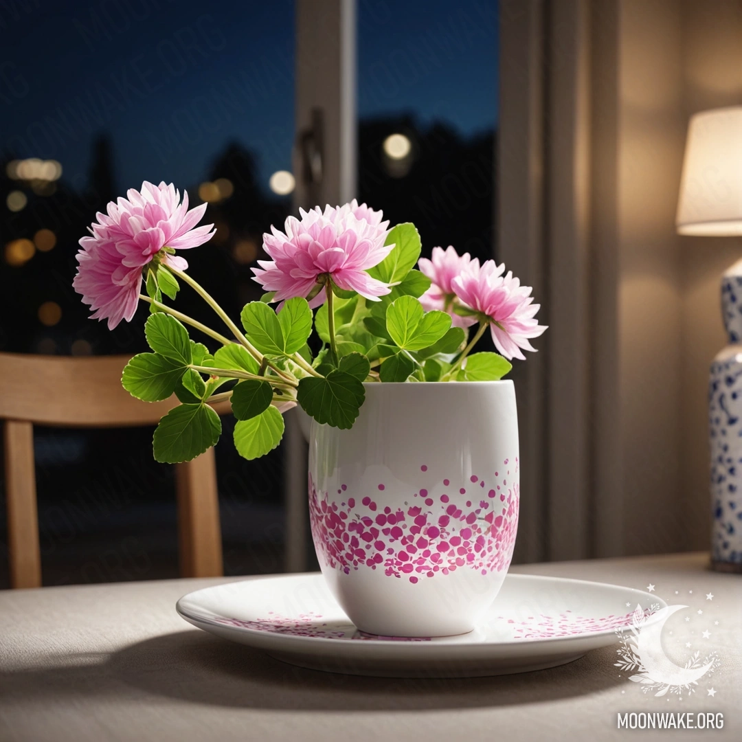 A round straw napkin with white porcelain cups and a clover in a vase at night.