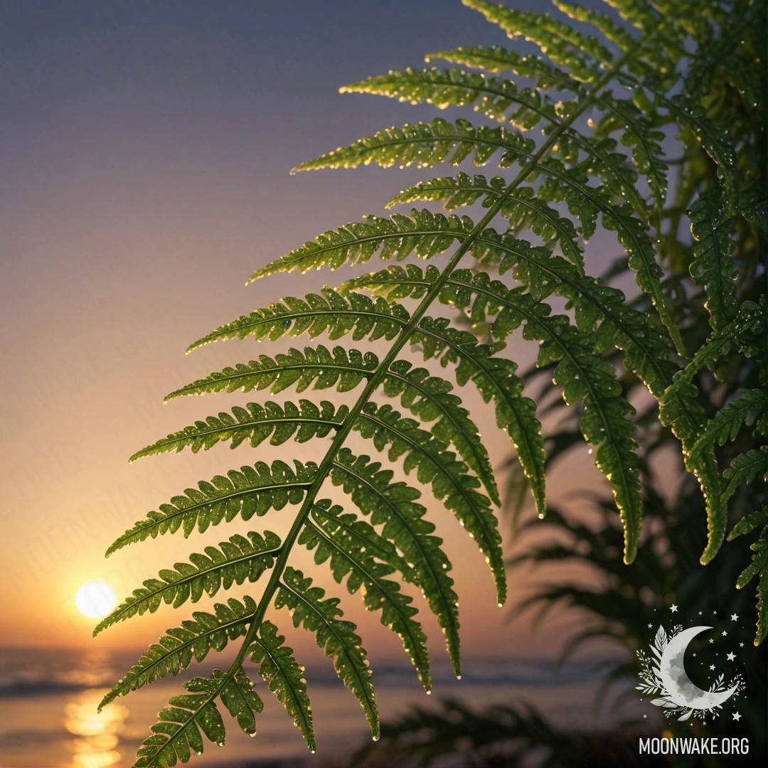 Serene Fern at Sunset A peaceful fern adorned with dew drops under a sunset glow, shimmering with glitter in sea wave colors.
