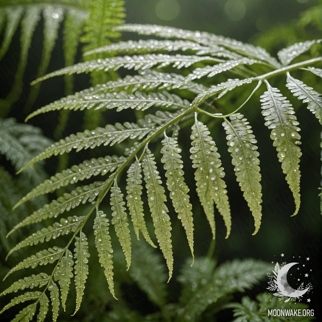 A delicate fern adorned with dew drops and sequins in sage color, complemented by Japanese calligraphy.