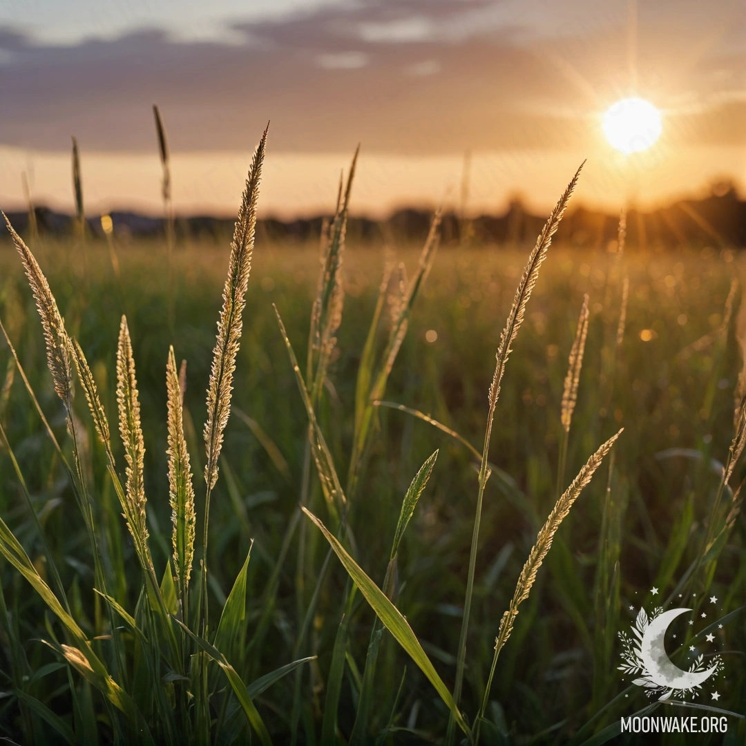 Close-up view of grass in a field with a sunset bokeh background and lens flares.