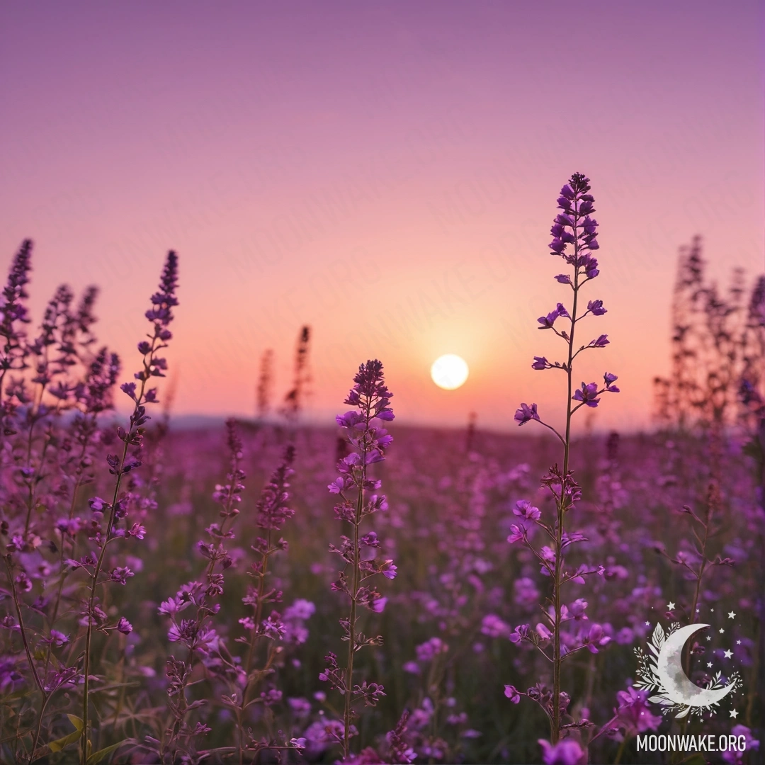 A close-up of vibrant field flowers against a pink violet sky with the moon at sunset.