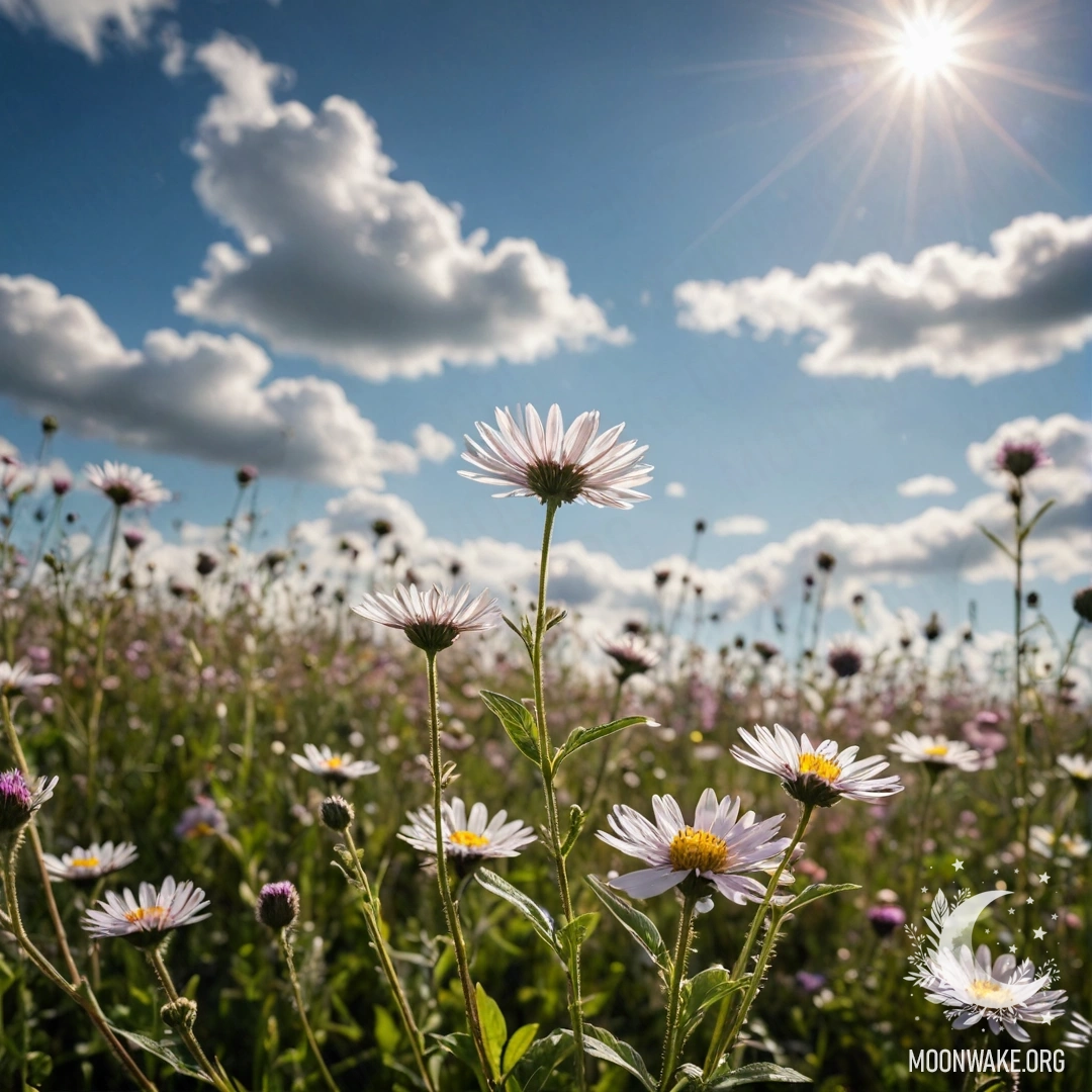 Serene Field of Flowers Under a Dreamy Sky Close-up of flowers in a peaceful field against a bokeh sky with clouds and lens flares.