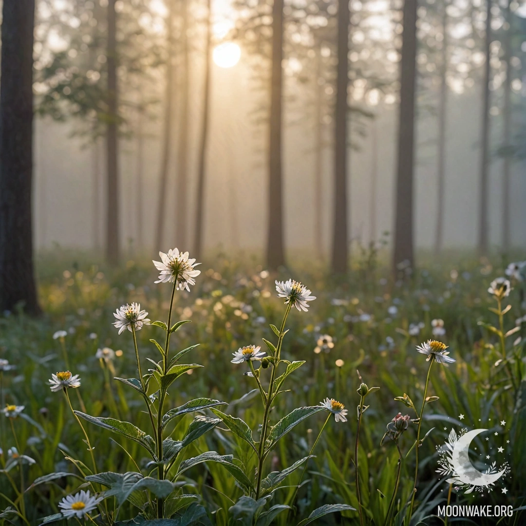 Serene Field of Wildflowers in Misty Forest Close-up of colorful wildflowers with a blurred forest backdrop and sunlight breaking through the mist.
