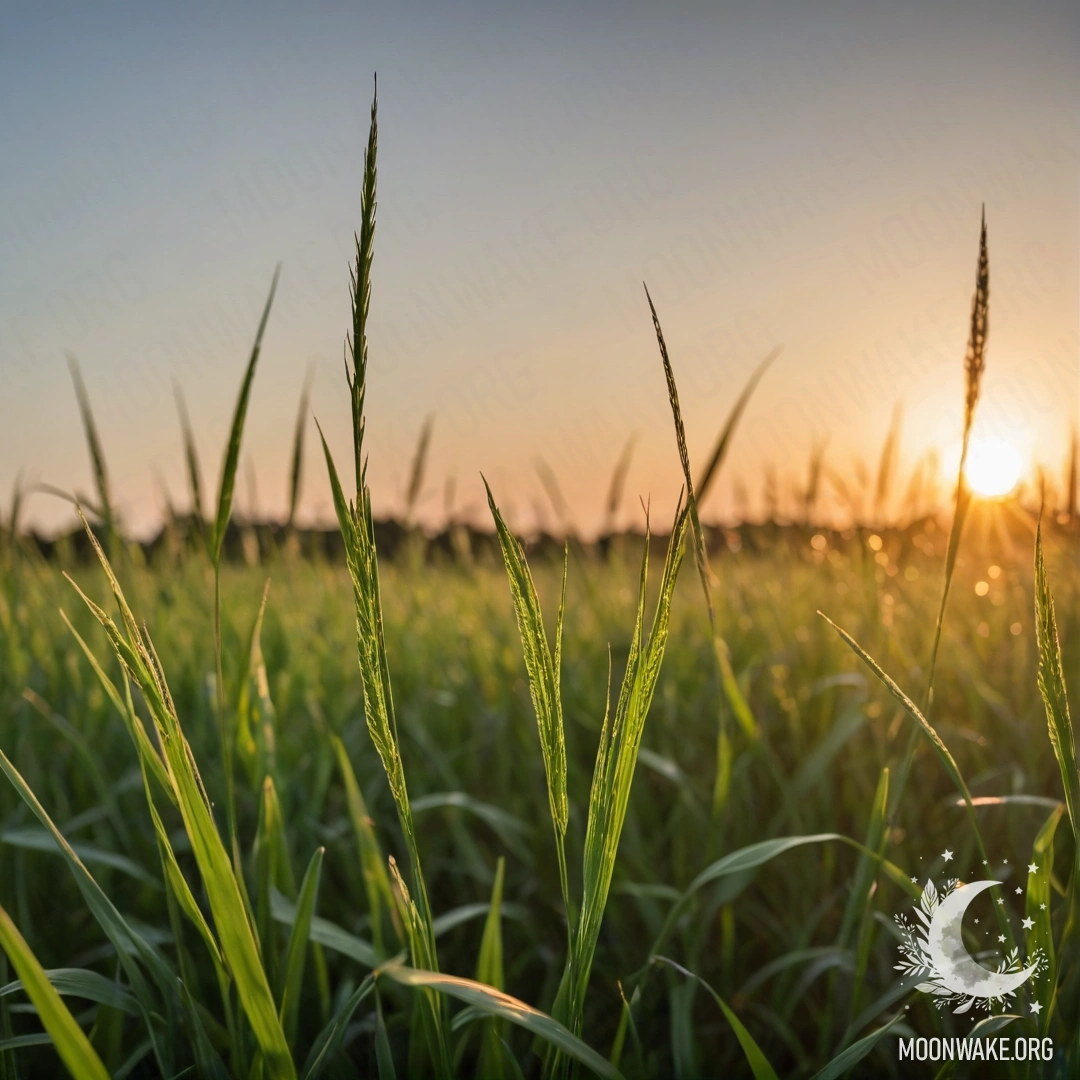 Close-up of grass in a field illuminated by sunset rays, with a bokeh background.