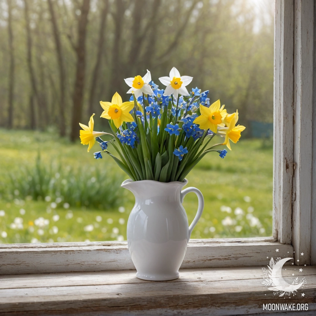 A weathered wooden window sill adorned with a white vase of daffodils and forget-me-nots, softly illuminated by fairy lights.