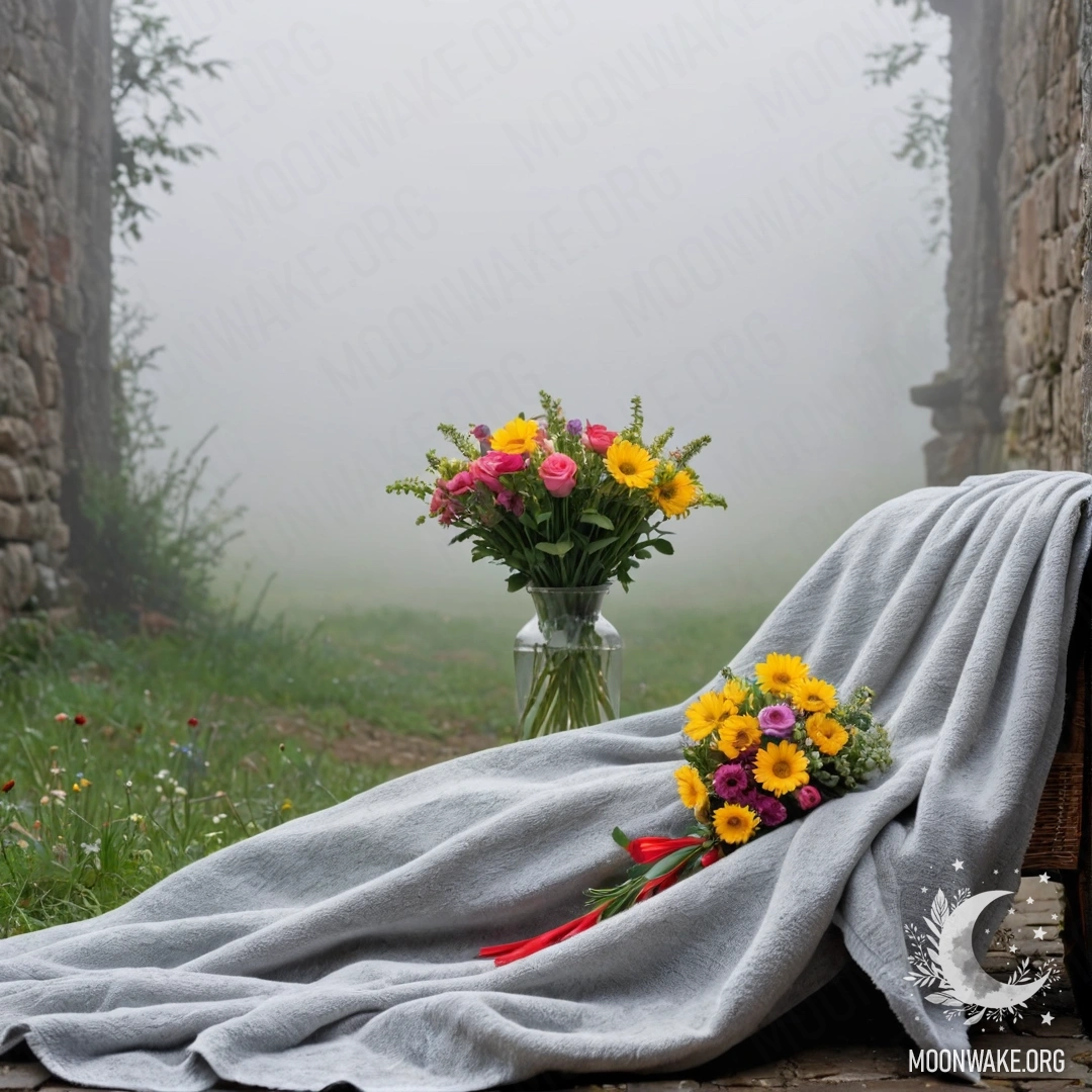 A chair with a blanket and a bouquet of flowers, set against a shabby wall in a dense fog.