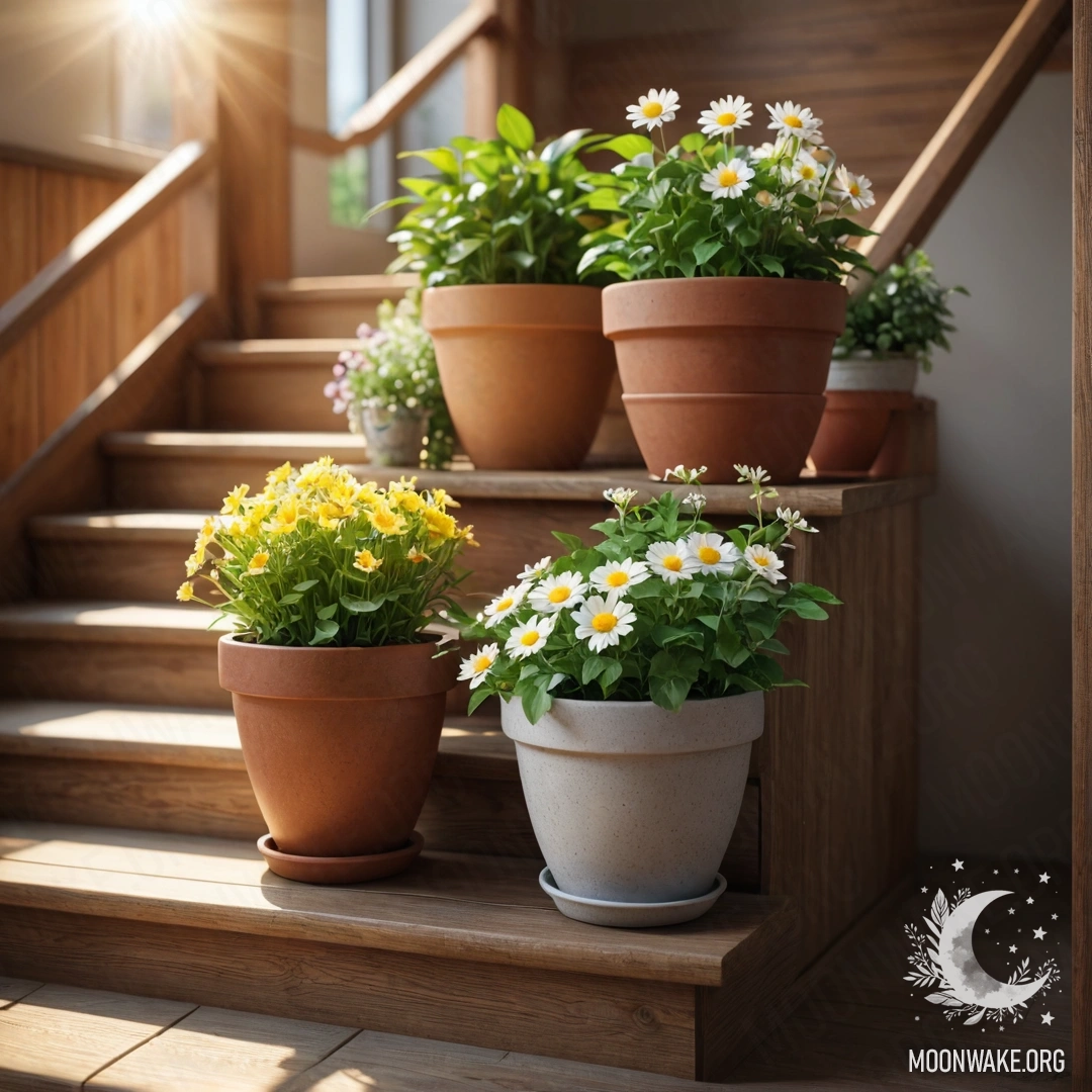 A wooden staircase adorned with flowerpots under soft sun rays.