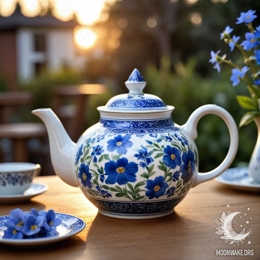 A round wooden table with a porcelain teapot containing blue flowers, illuminated by sunset.