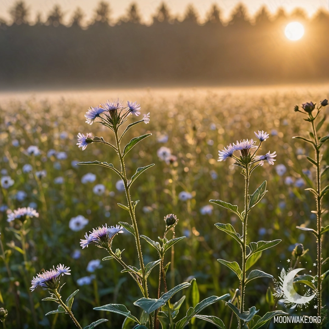 Close-up of flowers in a peaceful field with fog and sunset light.