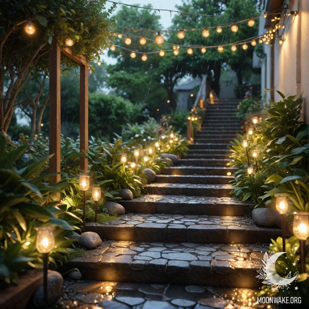 A tranquil garden pathway with stone stones and wooden staircase, gently lit by light garlands, under rain.