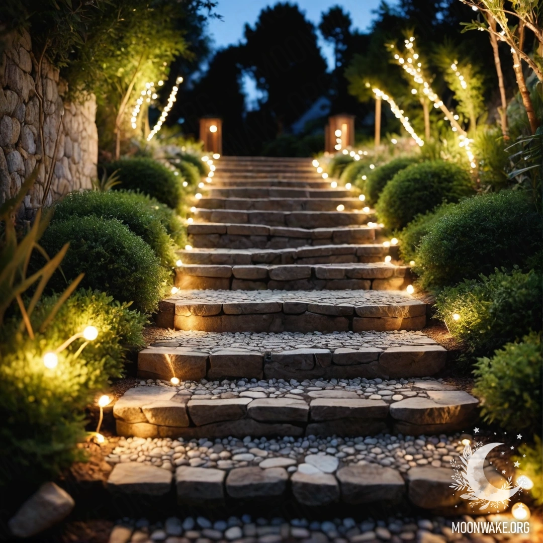 A serene garden path made of stones, decorated with light garlands and a wooden staircase.