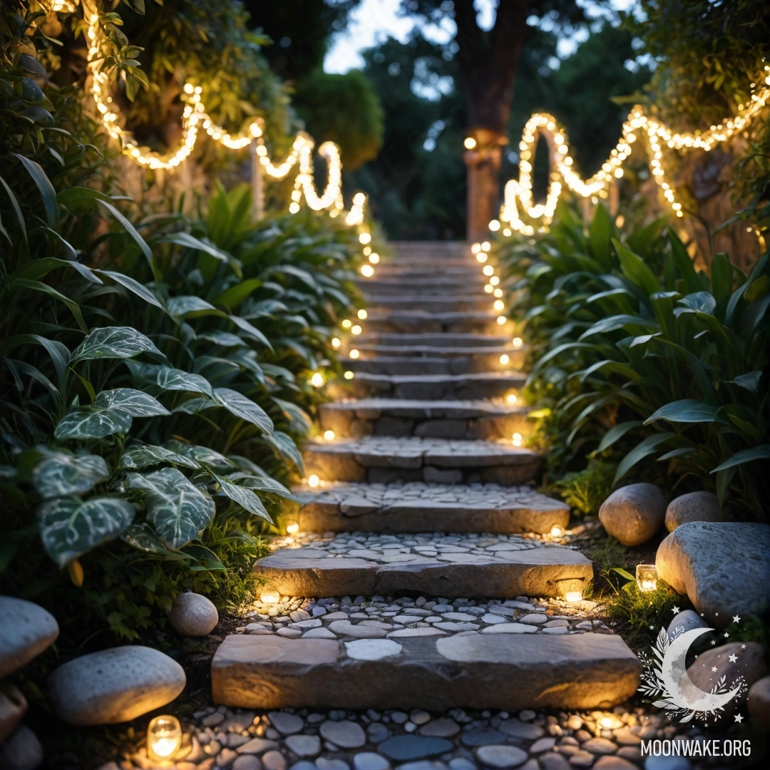 Serene Garden at Sunset A serene garden path made of stones, leading up to a wooden staircase adorned with light garlands, under a beautiful sunset.