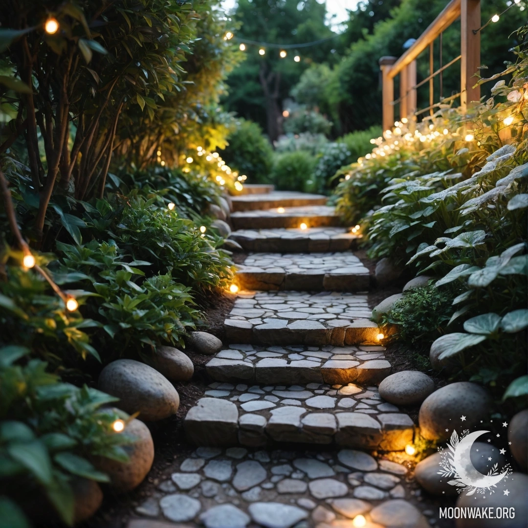 A tranquil garden adorned with light garlands, featuring a stone pathway and a wooden staircase.