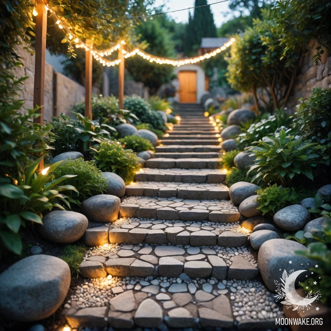 A tranquil garden pathway adorned with light garlands, leading to a wooden staircase, sun rays illuminating the scene.