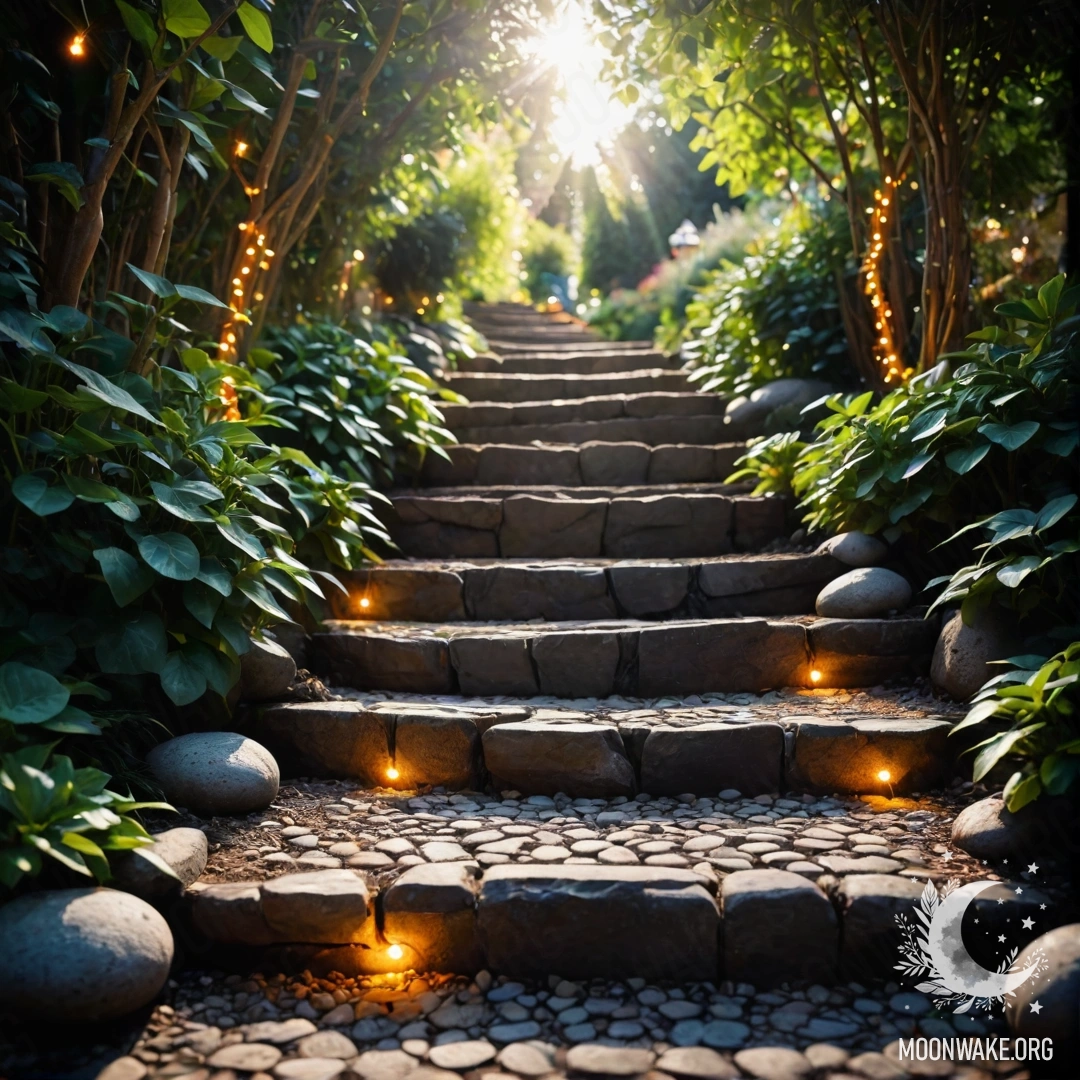 A beautiful garden path made of stones adorned with light garlands and a wooden staircase illuminated by sun rays.