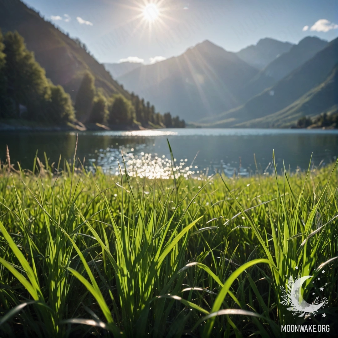 Close-up view of lush grass in a peaceful field with blurred mountain lake in the background, illuminated by sun rays.