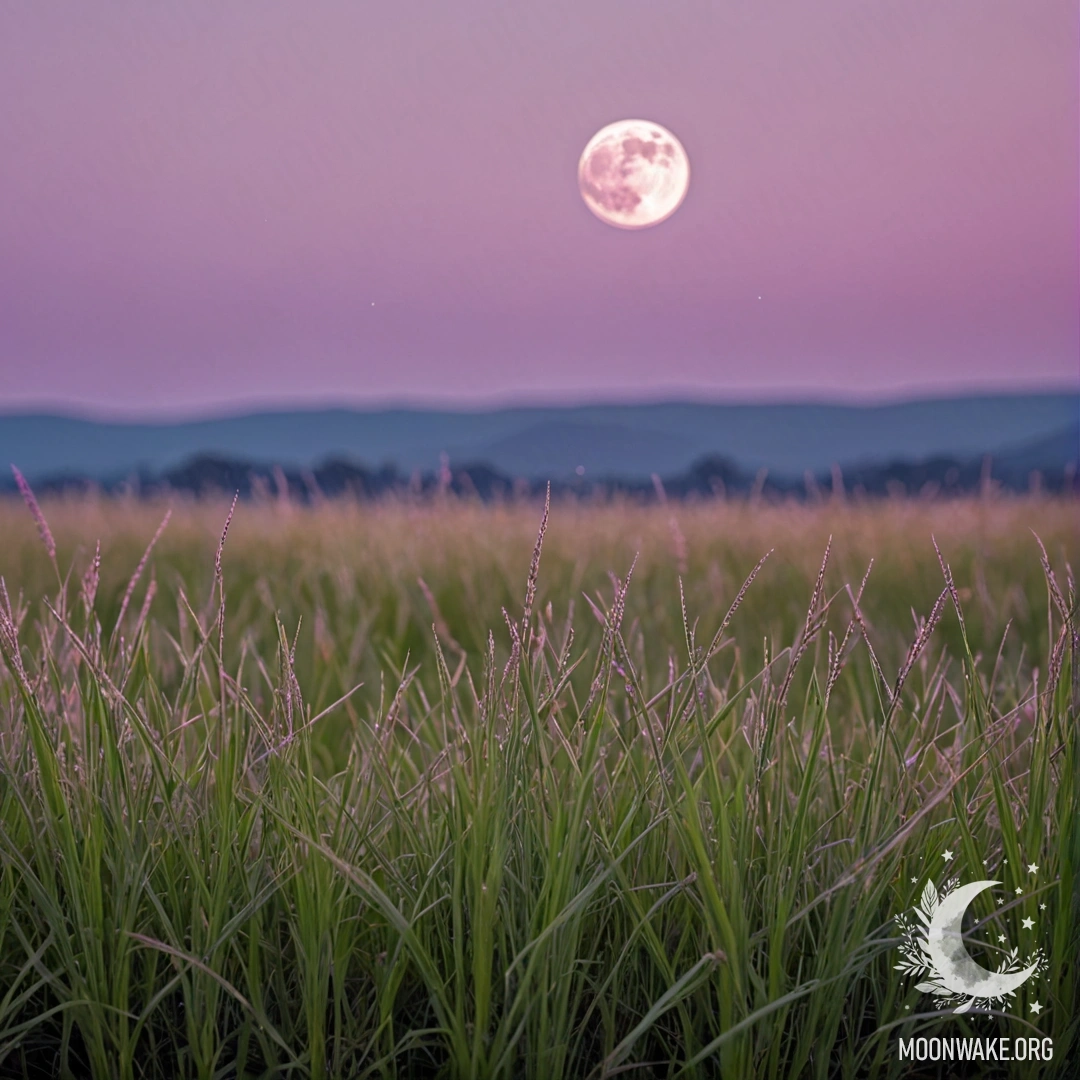 Close-up of grass in a field with a pink violet sky and the moon.