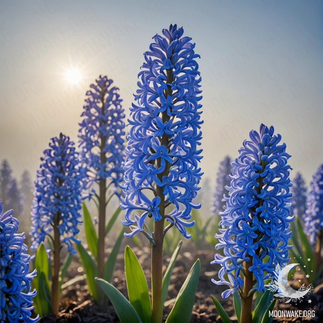 Serene Hyacinth in Misty Light A serene hyacinth emerging from the fog, illuminated by soft sun rays.