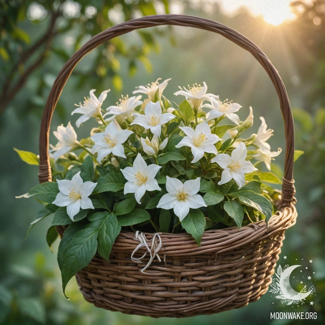 A watercolor painting of jasmine flowers with a web in a mint colored basket at sunset.