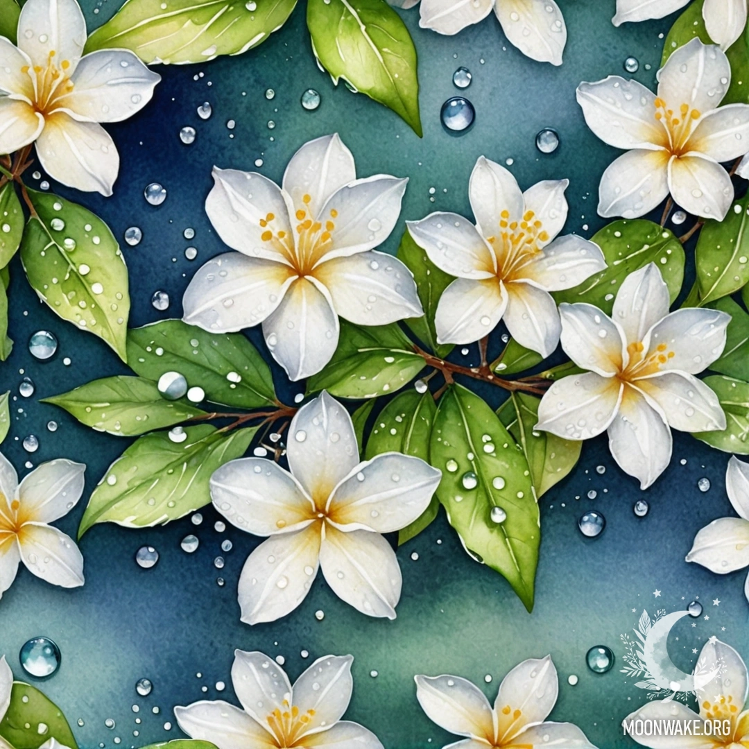 A delicate watercolor painting of jasmine flowers adorned with dew drops against a backdrop of sea wave colors.