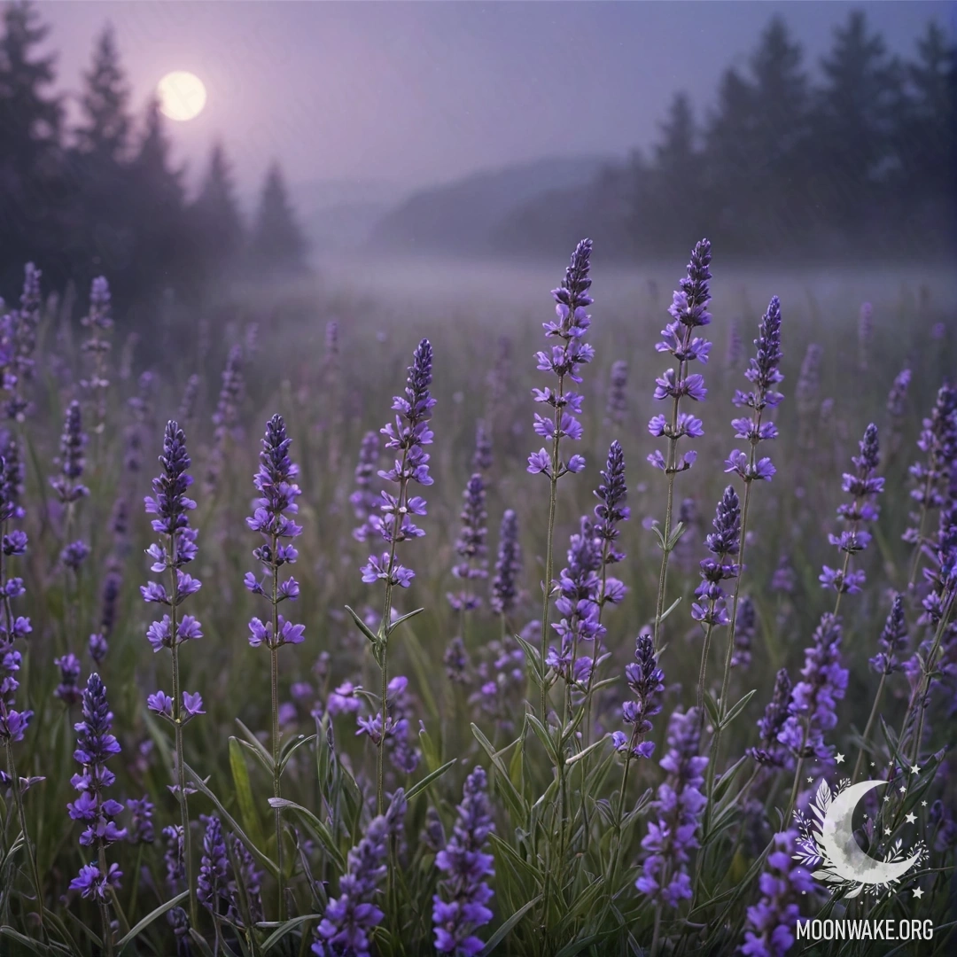 Serene Lavender Wildflowers in the Misty Night Field of lavender wildflowers shrouded in mist during night time.