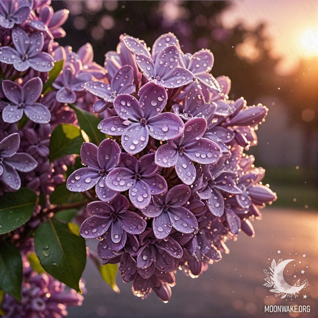 A delicate bouquet of lilac flowers adorned with dew drops, set against a sunset backdrop.